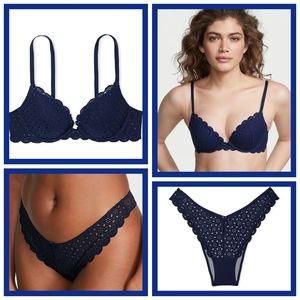Victoria's Secret navy blue eyelet lace pushup bra and Cheeky Brazilian panties.